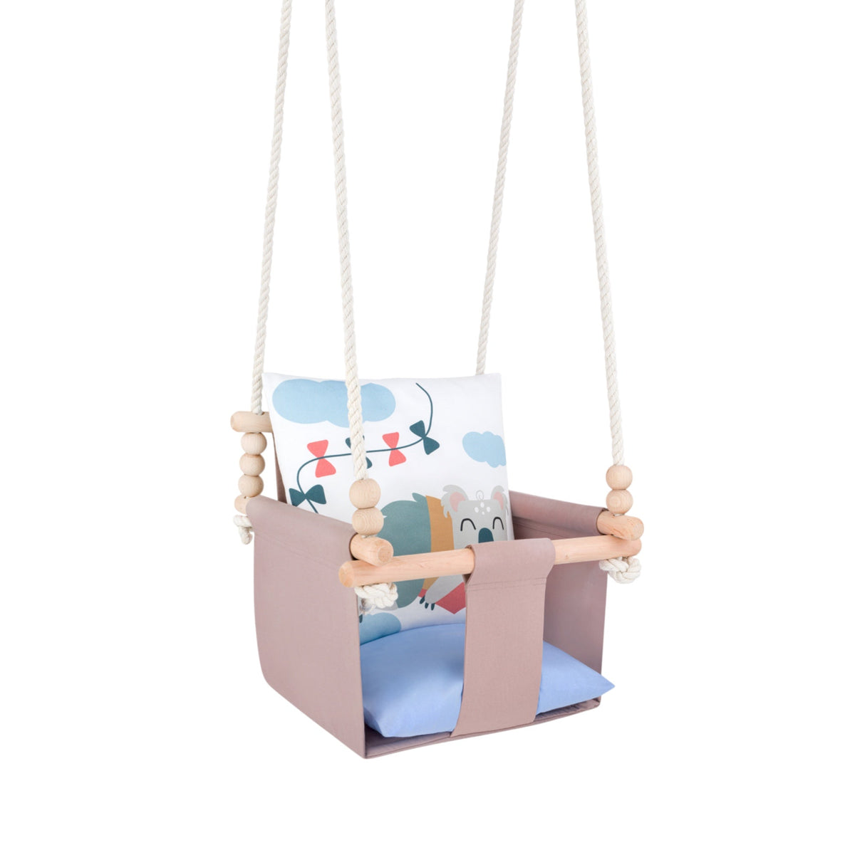 Safari Collection Koala Indoor Baby Swing, reversible cushion with moon and cloud print, three-quarter view