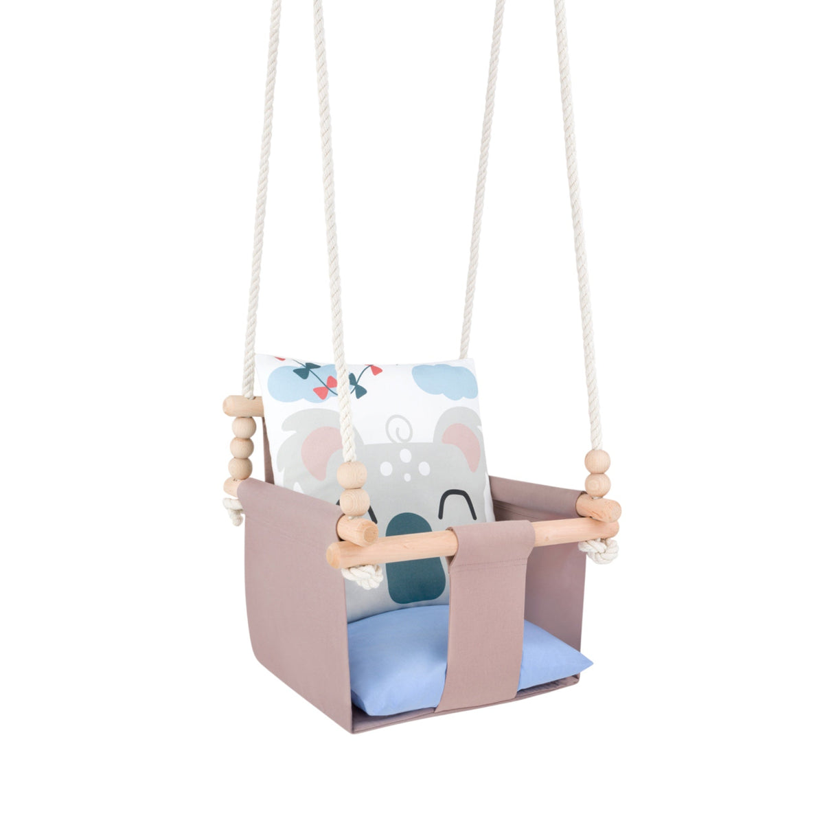 Safari Collection Koala Indoor Baby Swing, full view with ropes and wooden beads