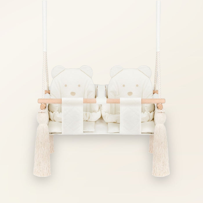 Twins Swing Secure Indoor Beige, in velvet, front view with two bear-design seats