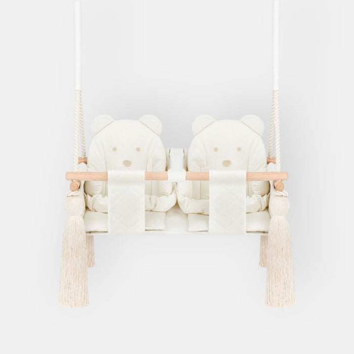 Twins Swing Secure Indoor Beige, front view with double seat, wooden bar and tassels