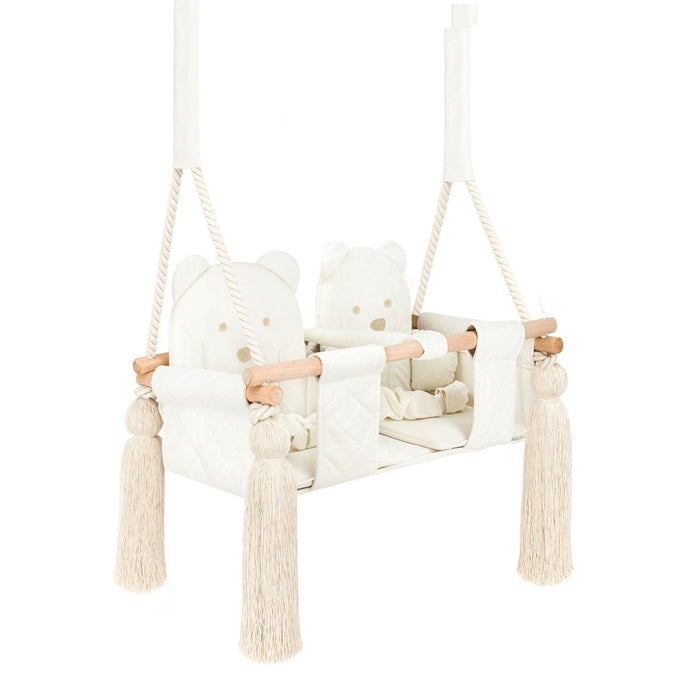 Twins Swing Secure Indoor Beige, three-quarter view with quilted double seat and ropes