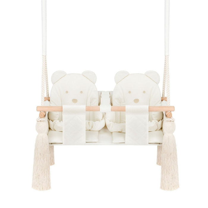 Twins Swing Secure Indoor Beige, full view with two bear-shaped backrests