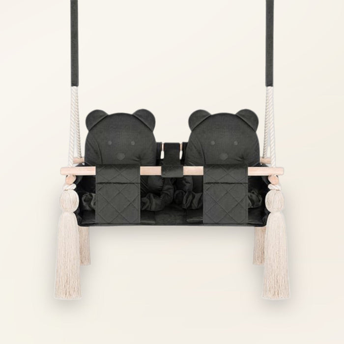 Twins Swing Secure Indoor Dark Grey, in velvet, front view with two bear-design seats