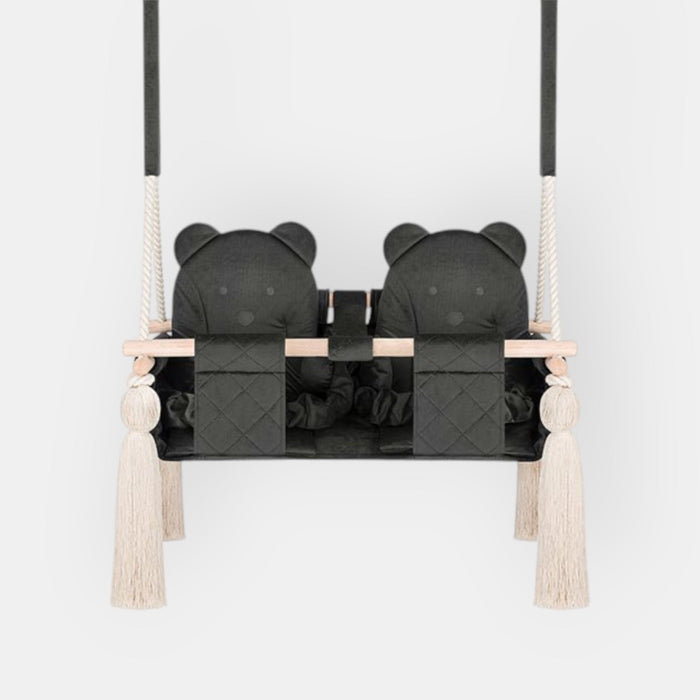 Twins Swing Secure Indoor Dark Grey, front view with double seat, wooden bar and tassels