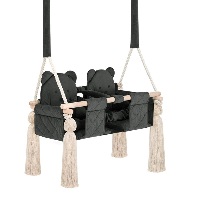 Twins Swing Secure Indoor Dark Grey, three-quarter view with quilted double seat and ropes