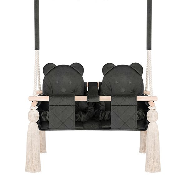 Twins Swing Secure Indoor Dark Grey, full view with two bear-shaped backrests