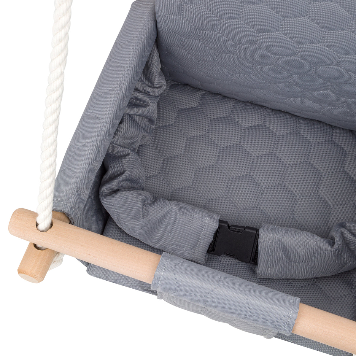 Waterproof baby swing in light grey in use outdoors