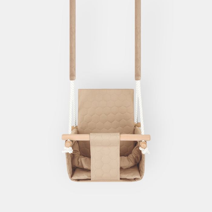Waterproof secure baby swing Beige, front view on a white background with padded seat and wooden bar