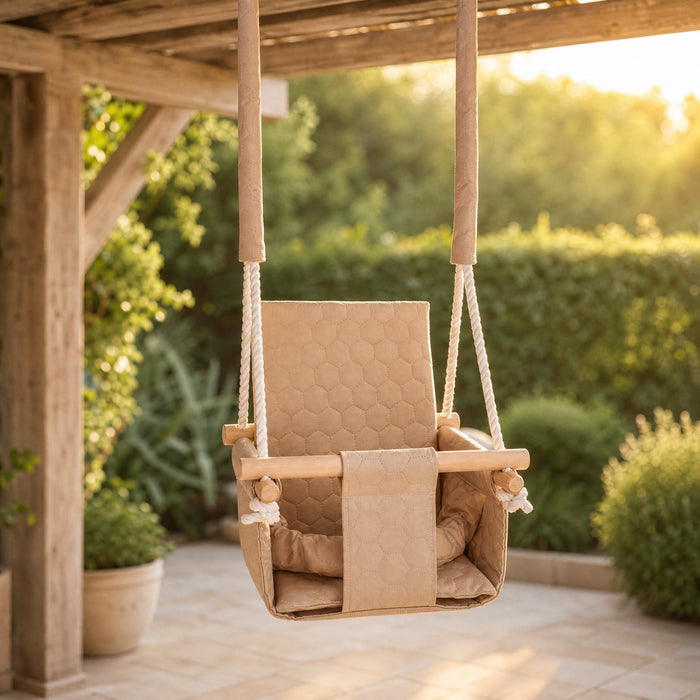 Waterproof secure baby swing Beige, in the garden, under a pergola on the patio