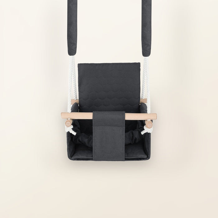 Waterproof secure baby swing Dark Grey, front view with quilted fabric, white ropes and wooden bar