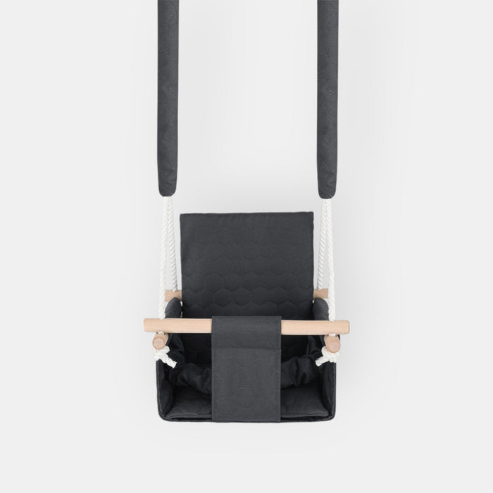 Waterproof secure baby swing Dark Grey, front view on a white background with padded seat and wooden bar