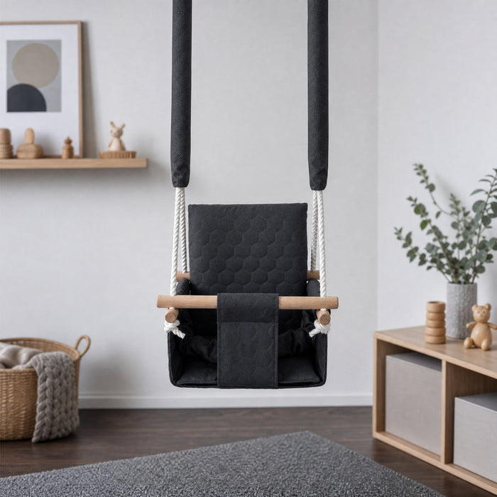 Waterproof secure baby swing Dark Grey, hung indoors in a bright children's room