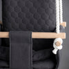 Waterproof secure baby swing Dark Grey, close-up of the quilted fabric, beech wood bar and rope knot