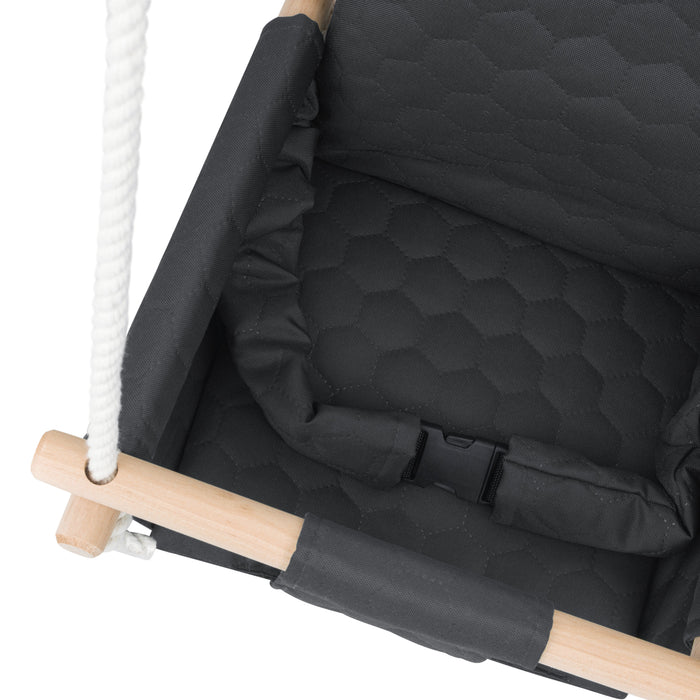 Waterproof secure baby swing Dark Grey, inside of the seat with safety strap and padded edge