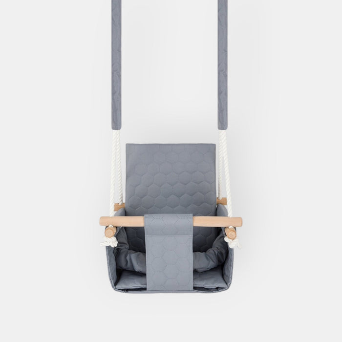 Waterproof secure baby swing Light Grey, front view on a white background with padded seat and wooden bar
