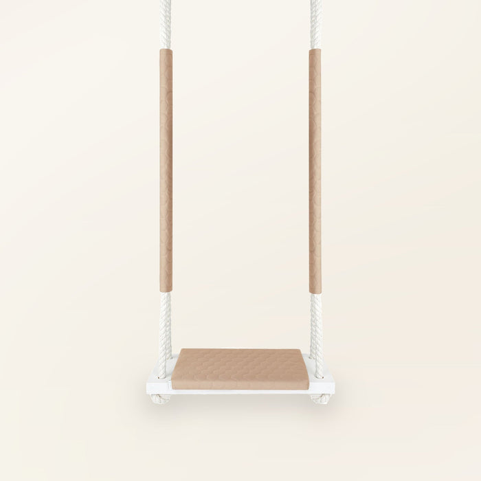 Waterproof Wooden Swing for Home and Garden - Dirt Resistant Beige, front view with quilted cushion and white ropes