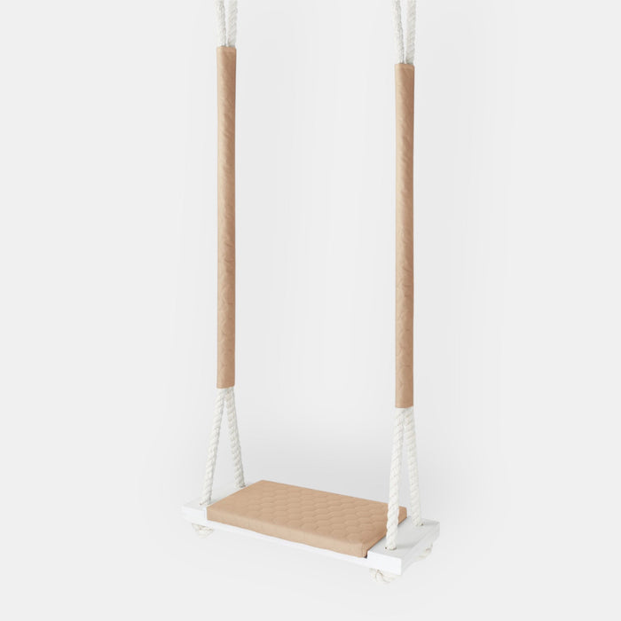 Waterproof Wooden Swing for Home and Garden - Dirt Resistant Beige, front view on a white background with quilted cushion on