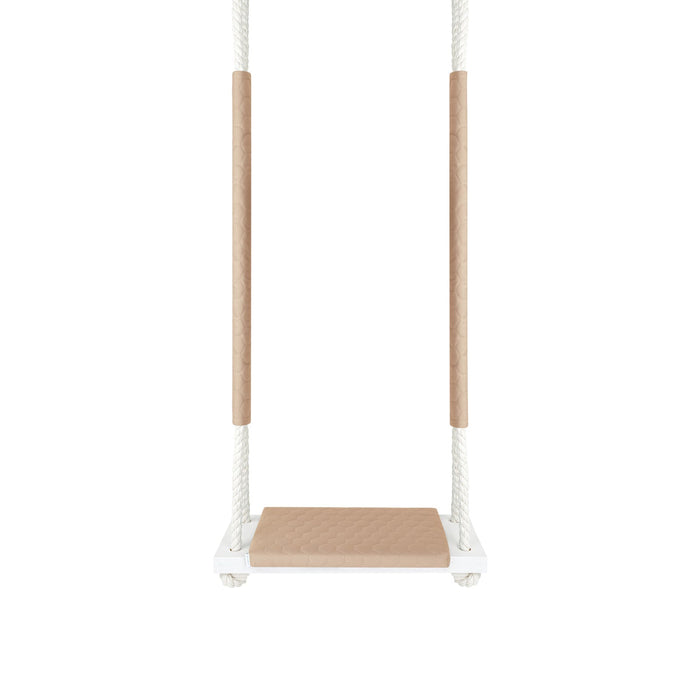 Waterproof Wooden Swing for Home and Garden - Dirt Resistant Beige, front view with wooden board and waterproof cushion