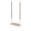 Waterproof Wooden Swing for Home and Garden - Dirt Resistant Beige, three-quarter view with fabric-covered ropes and quilted