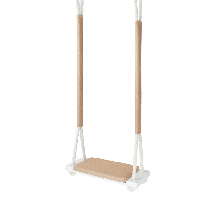 Waterproof Wooden Swing for Home and Garden - Dirt Resistant Beige, three-quarter view with fabric-covered ropes and quilted