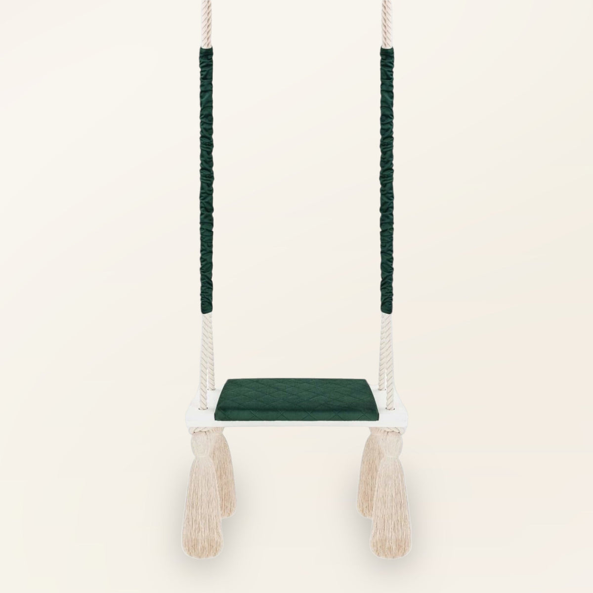 Wooden Board Velvet Indoor Swing - Green, front view with quilted seat cushion