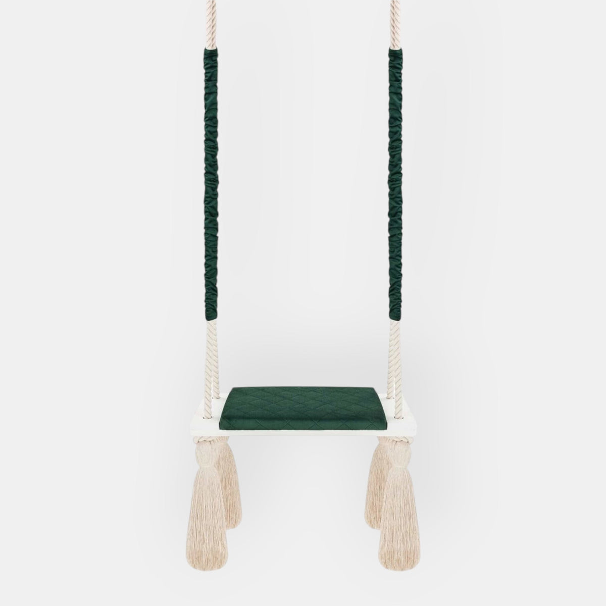 Wooden Board Velvet Indoor Swing - Green, front view: wooden board and seat cushion