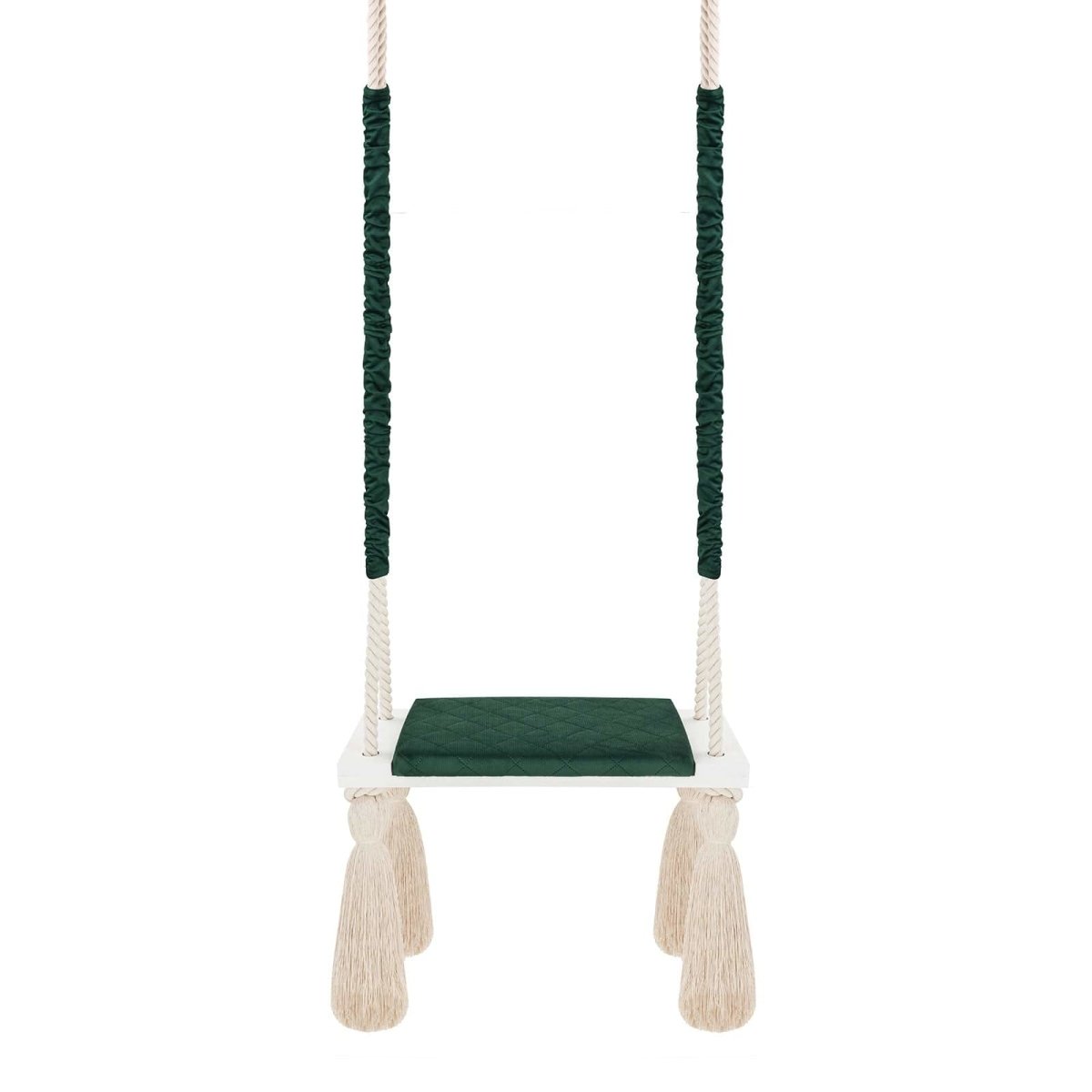 Wooden Board Velvet Indoor Swing - Green, full view with the long ropes