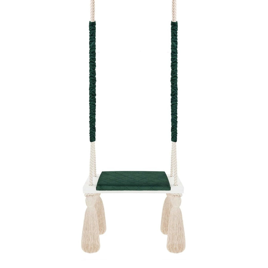 Wooden Board Velvet Indoor Swing - Green, full view with the long ropes