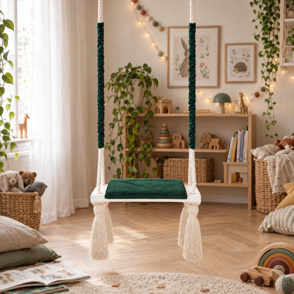 Wooden Board Velvet Indoor Swing - Green, hanging in a bright children's room